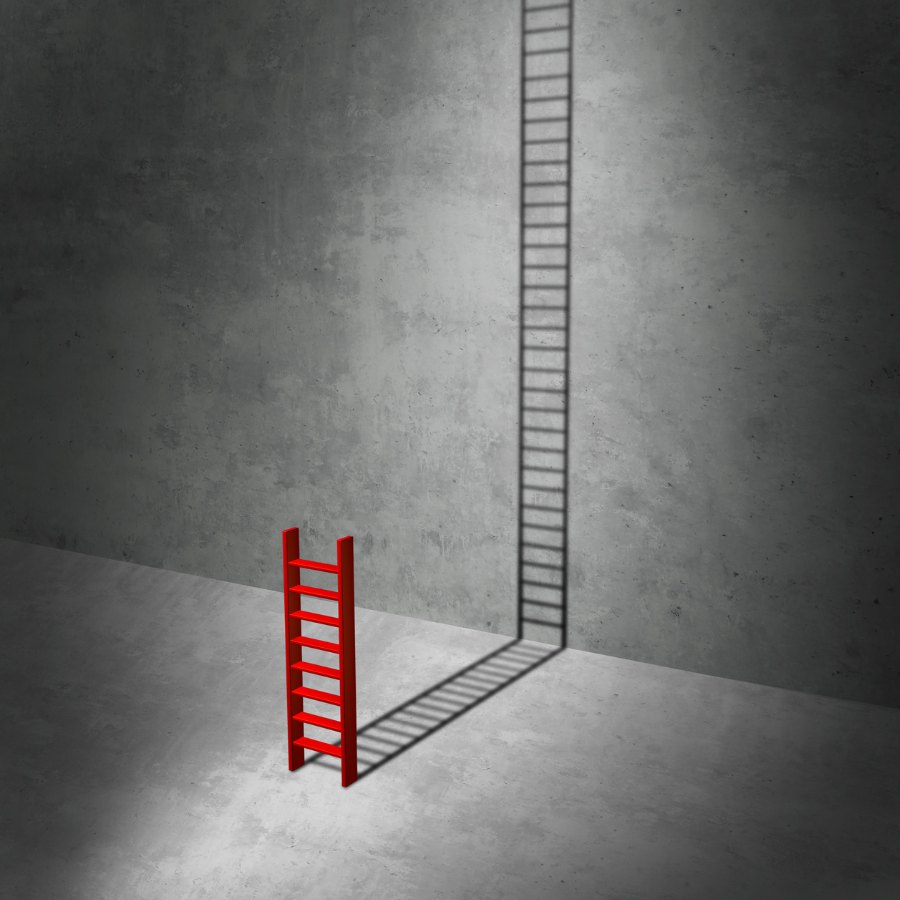 A short red ladder casting the shadow of a much taller ladder, symbolizing career growth at HBM