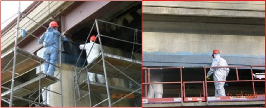 HBM crews applying carbon fiber composite materials to a structure from scaffolding.