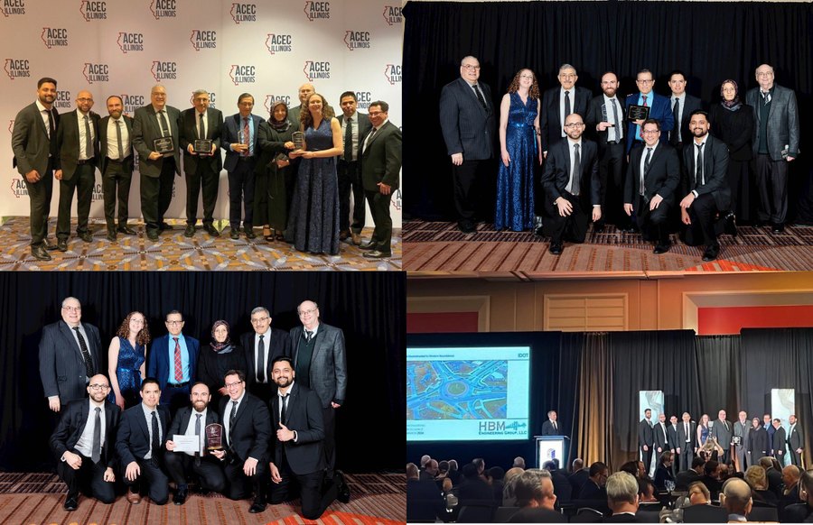 Photo collage of HBM team members receiving awards at the ACEC-IL gala.