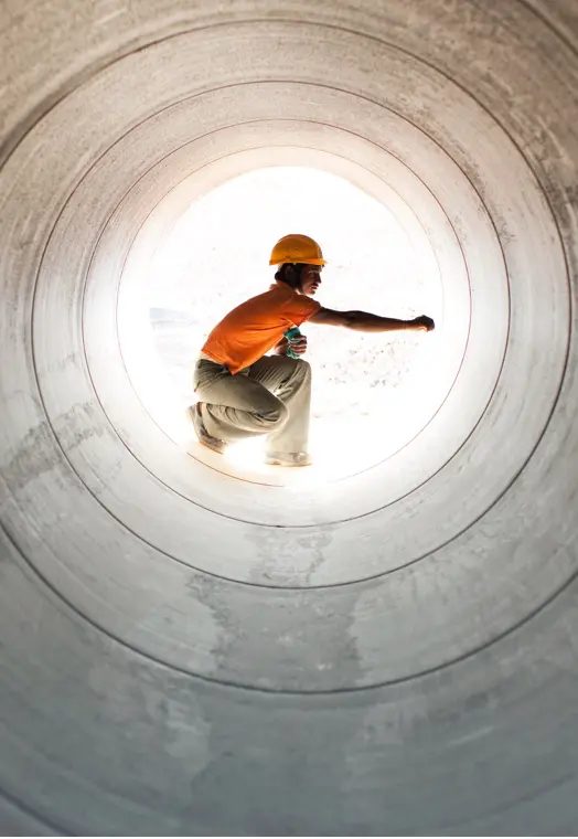 HBM Engineering inspector working inside a large concrete pipe on an infrastructure project